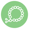 A white beaded circle forming a 'Q' on a green background.