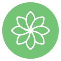 A white flower icon on a green circular background.